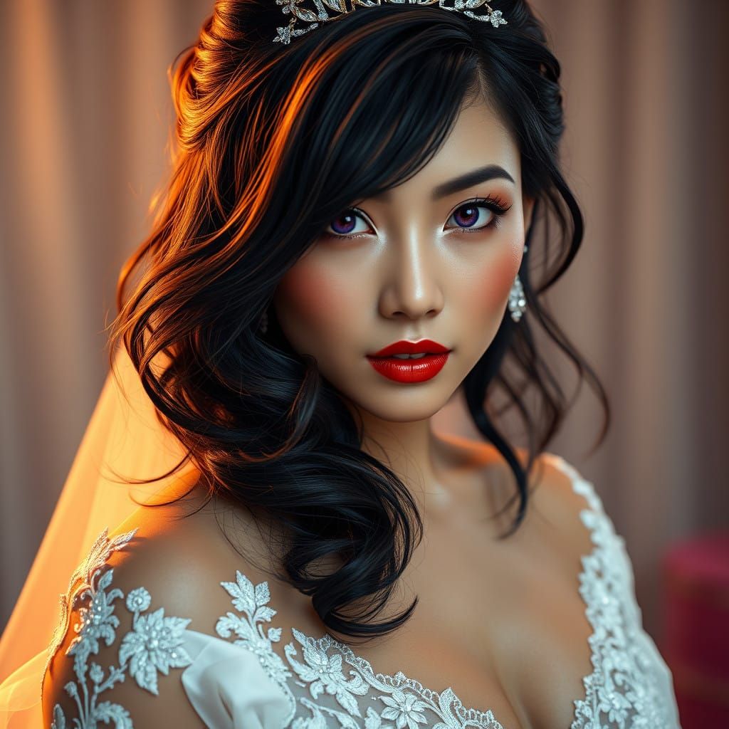 Cyberpunk-Inspired Asian Bride with Vibrant Hair and Purple...