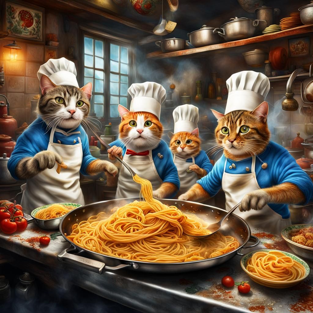 Cats Cooking Pasta in Italian Restaurant