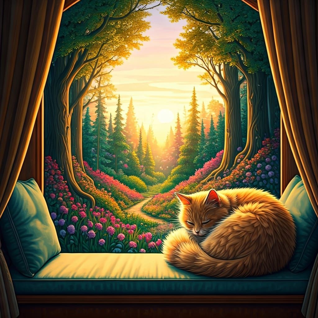 Fluffy Cat Watching Sunrise in Watercolor Style