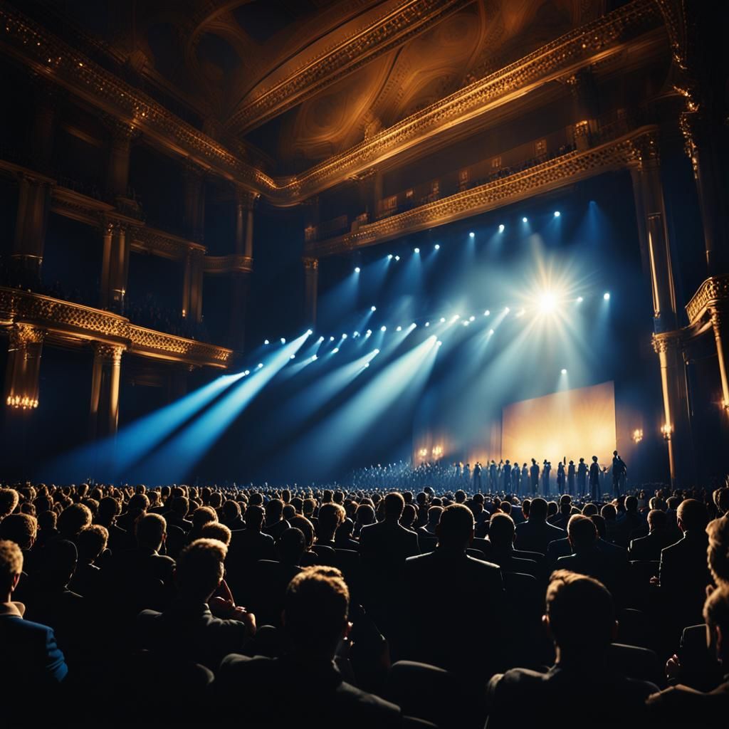 Dramatic Stage Lighting with Silhouetted Audience