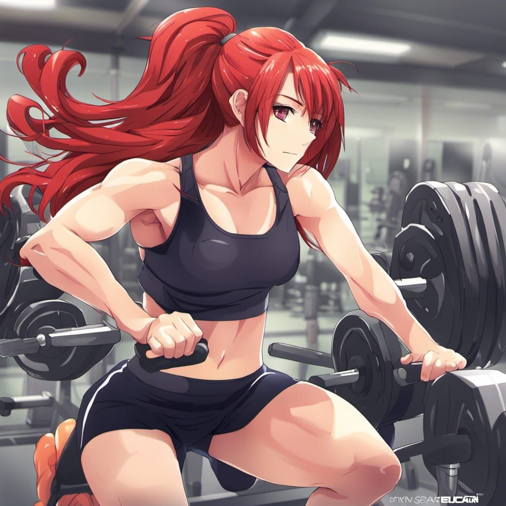 Red-Haired Anime Girl Working Out at the Gym