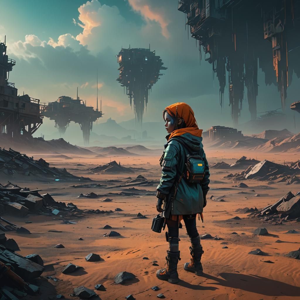 Cyberpunk Girl in Barren Wasteland Concept Art