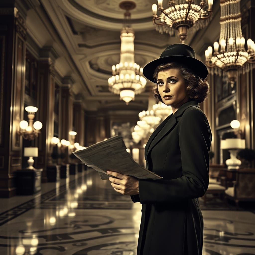 Puzzled Woman in Ornate Hotel Lobby, Film Noir