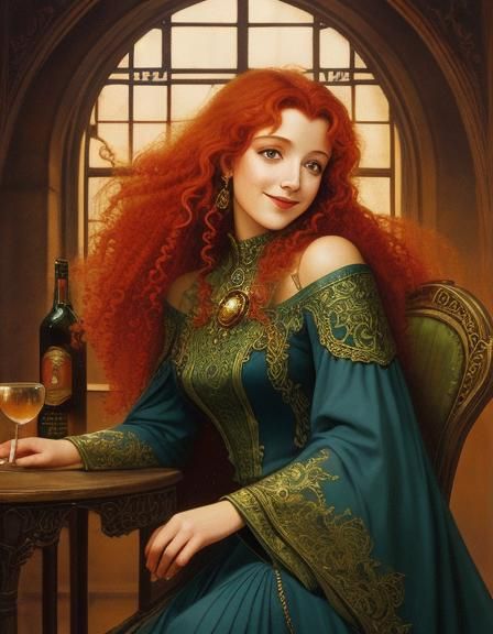 Redhead Woman with Irradiated Castle Background