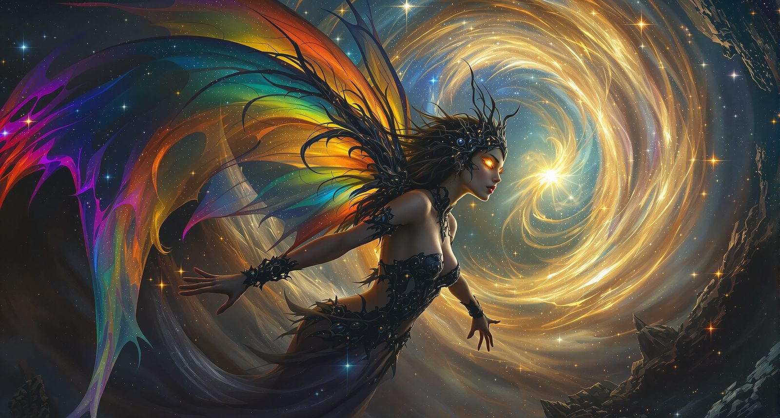 Cosmic Fairy with Rainbow Wings in Dark Fantasy Style