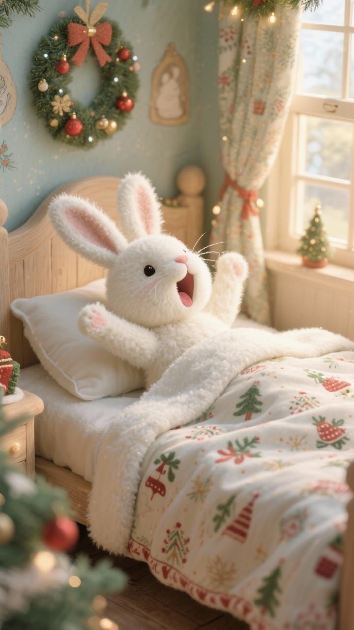 Fluffy White Bunny Wakes Up in Cozy Christmas Bedroom