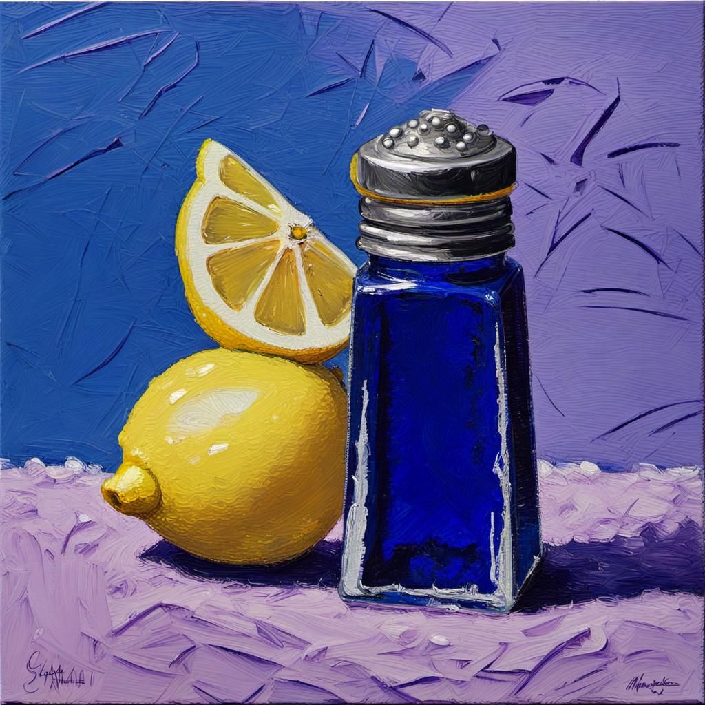 Lemon and Cobalt Salt Shaker Impasto Still Life