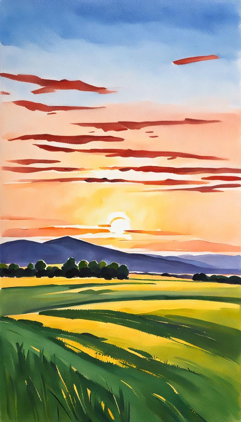 simple gouache landscape, distant hills, distant trees, grassy foreground, sunrise