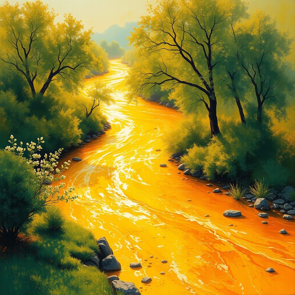 Surreal Golden River in Impressionist Style
