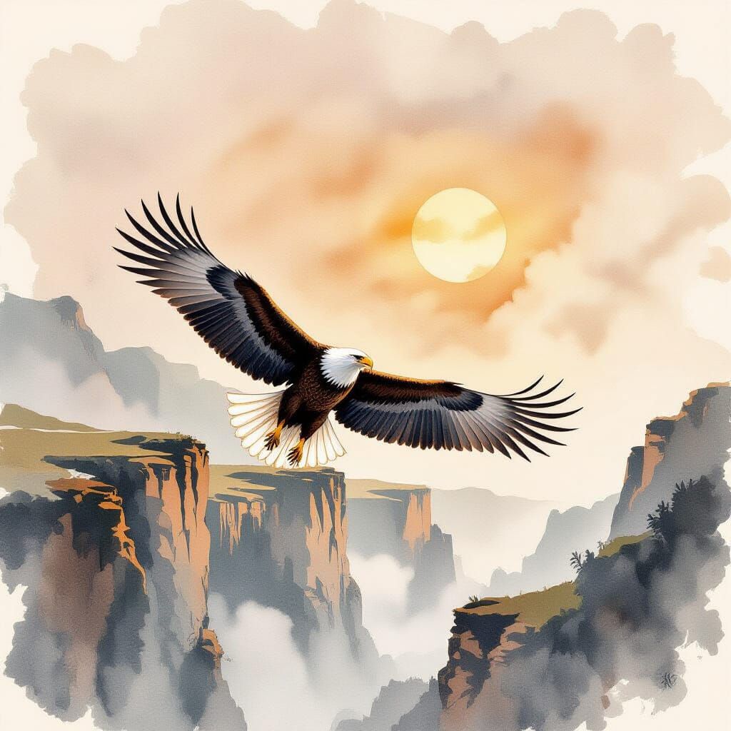 Eagle Soaring: Ink and Watercolor on Parchment