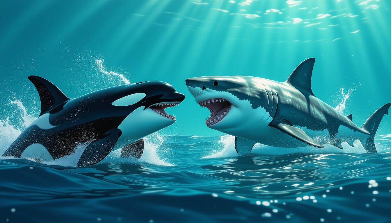 Epic Orca vs Shark Battle in Hyperrealistic Style
