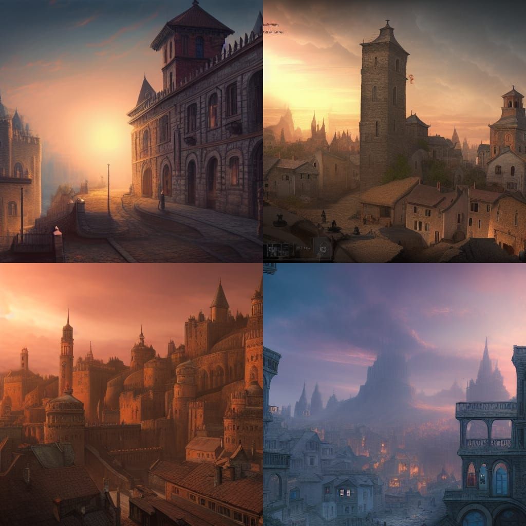 Sunset Walled Townscape: Detailed Matte Painting