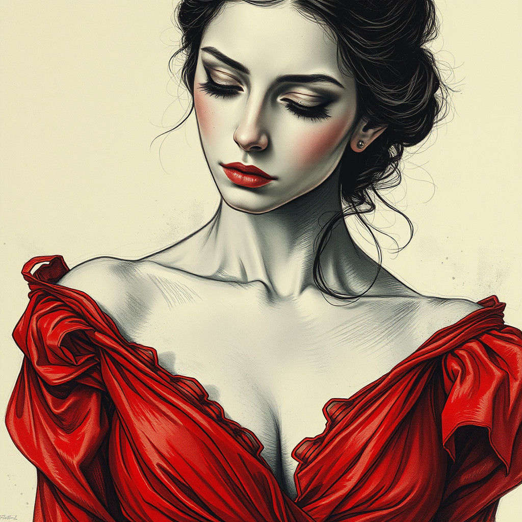 Elegant Sad Woman Portrait in Art Nouveau Style