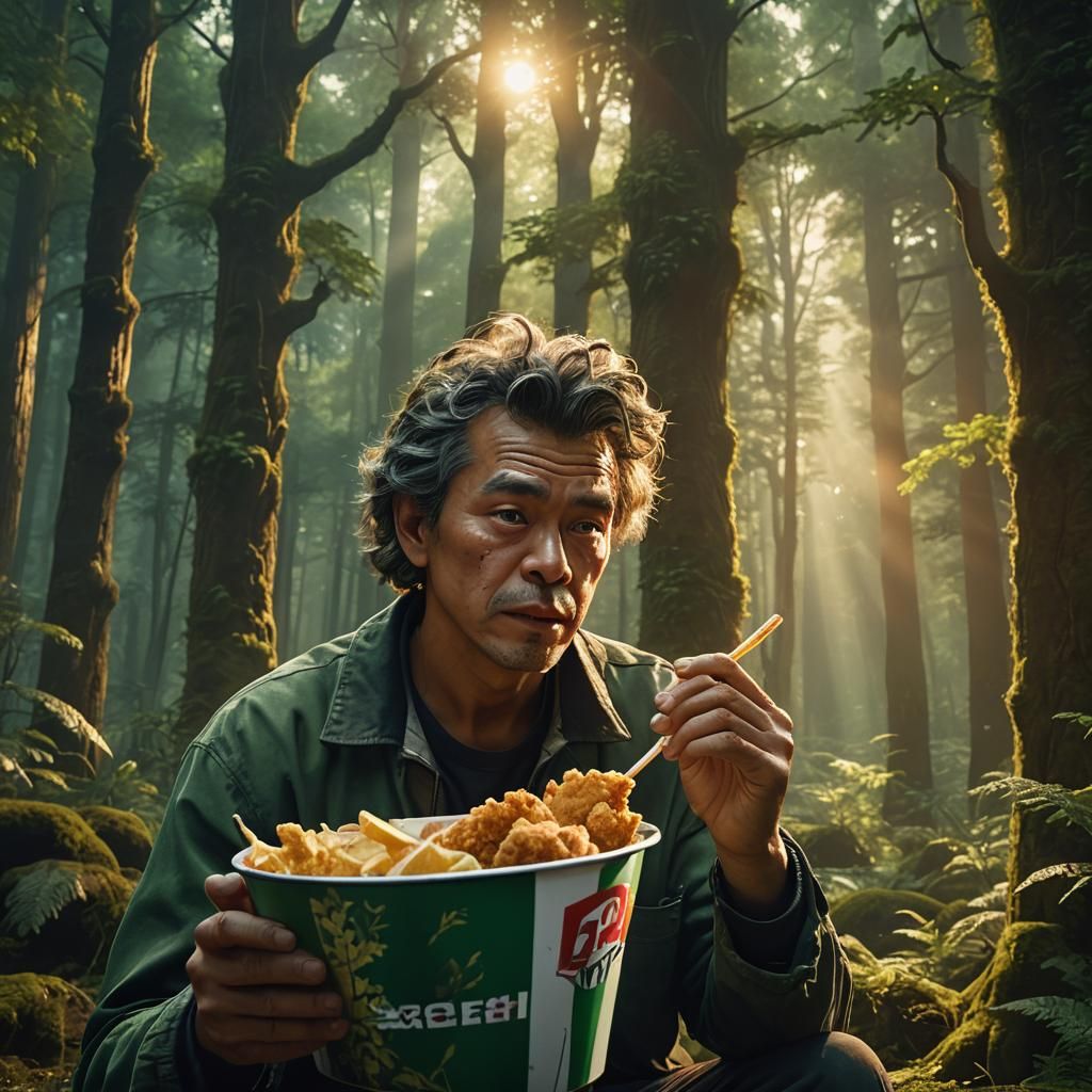 Caseoh Eats KFC in Mystical Forest: Digital Art
