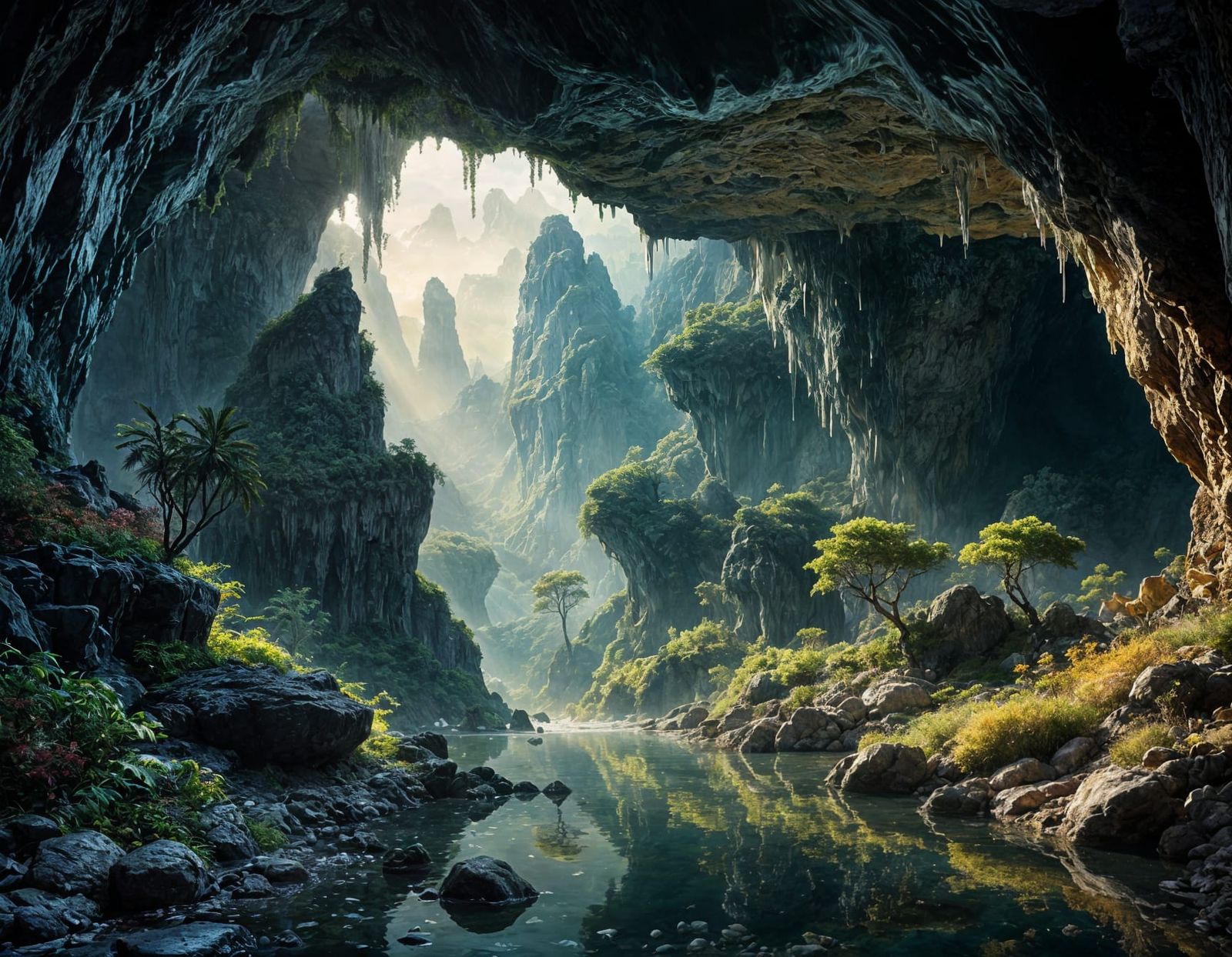 Majestic Cave Interior with Iridescent Formations