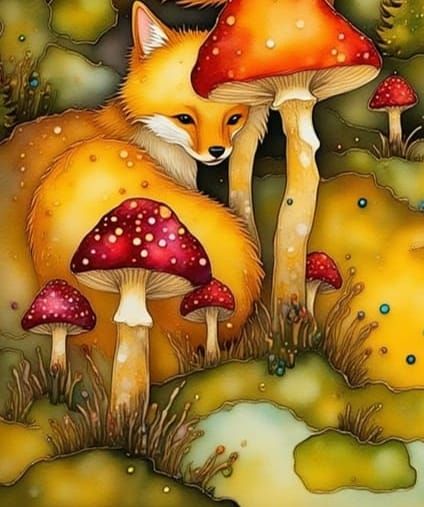 Sunrise in Magical Forest with Foxes, Ink Art