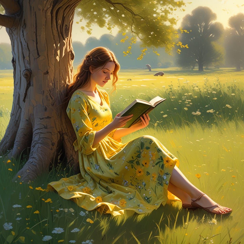 A Serene Impressionist Scene of a Woman in a Meadow