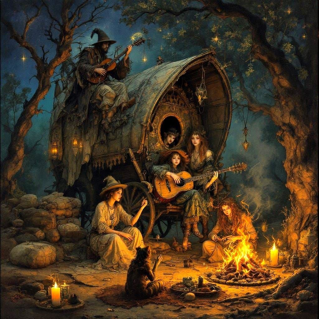 Whimsical Gypsie Night Scene with Maximalist Wagon and Music...