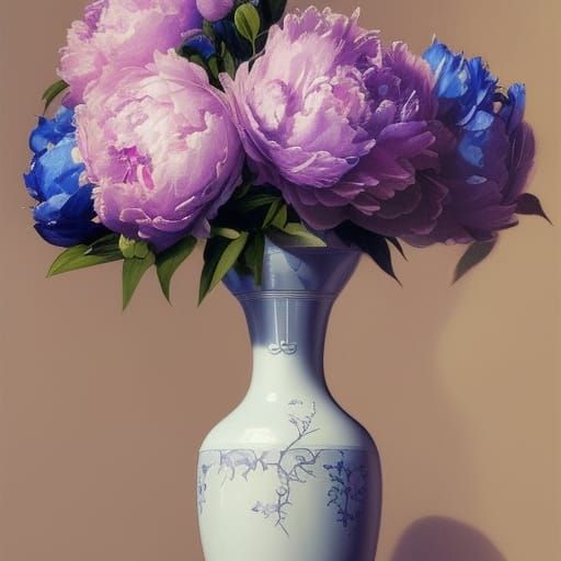 Blue Vase with Peonies: Hyperdetailed Still Life