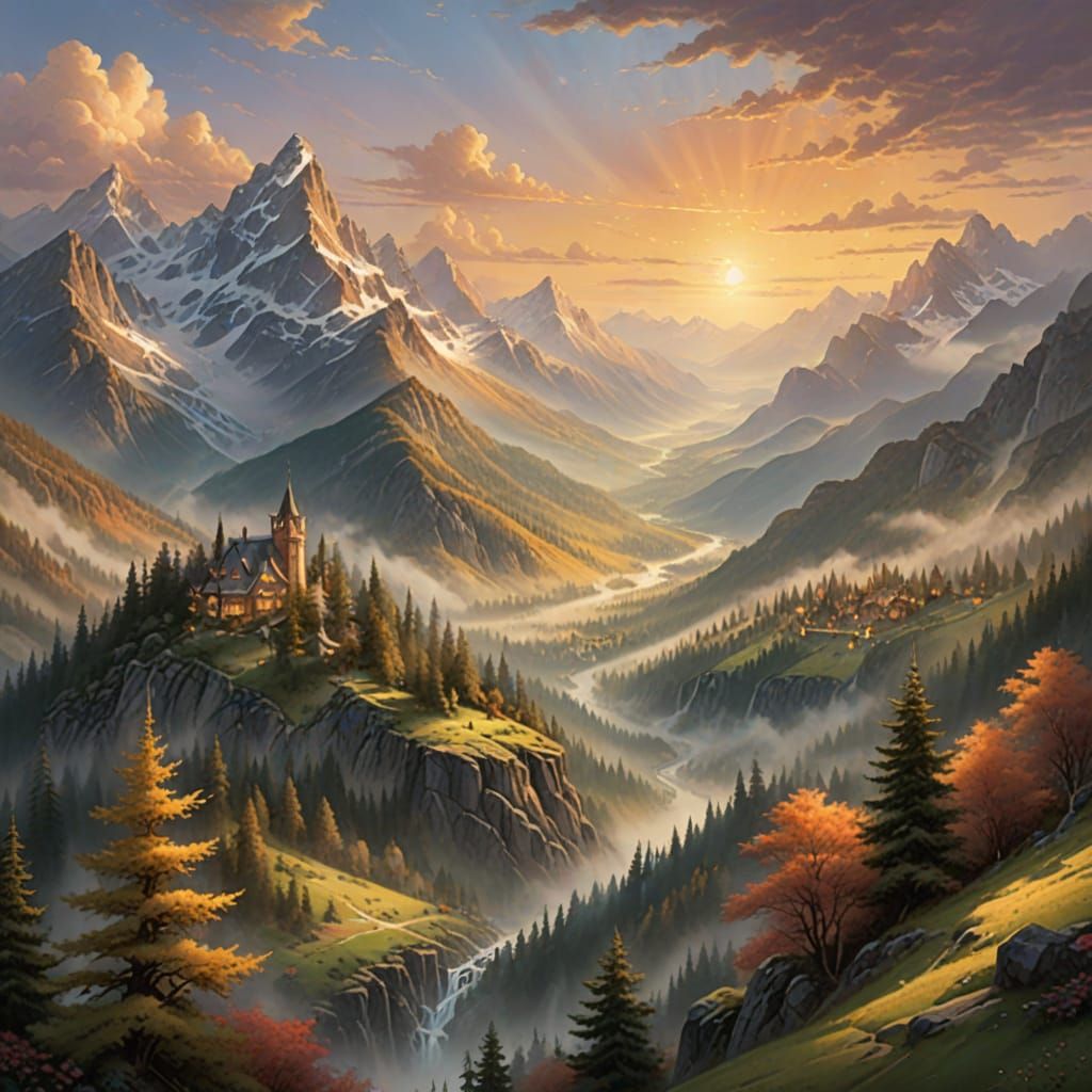 Ethereal Sunset Mountain Landscape in Fantasy Style