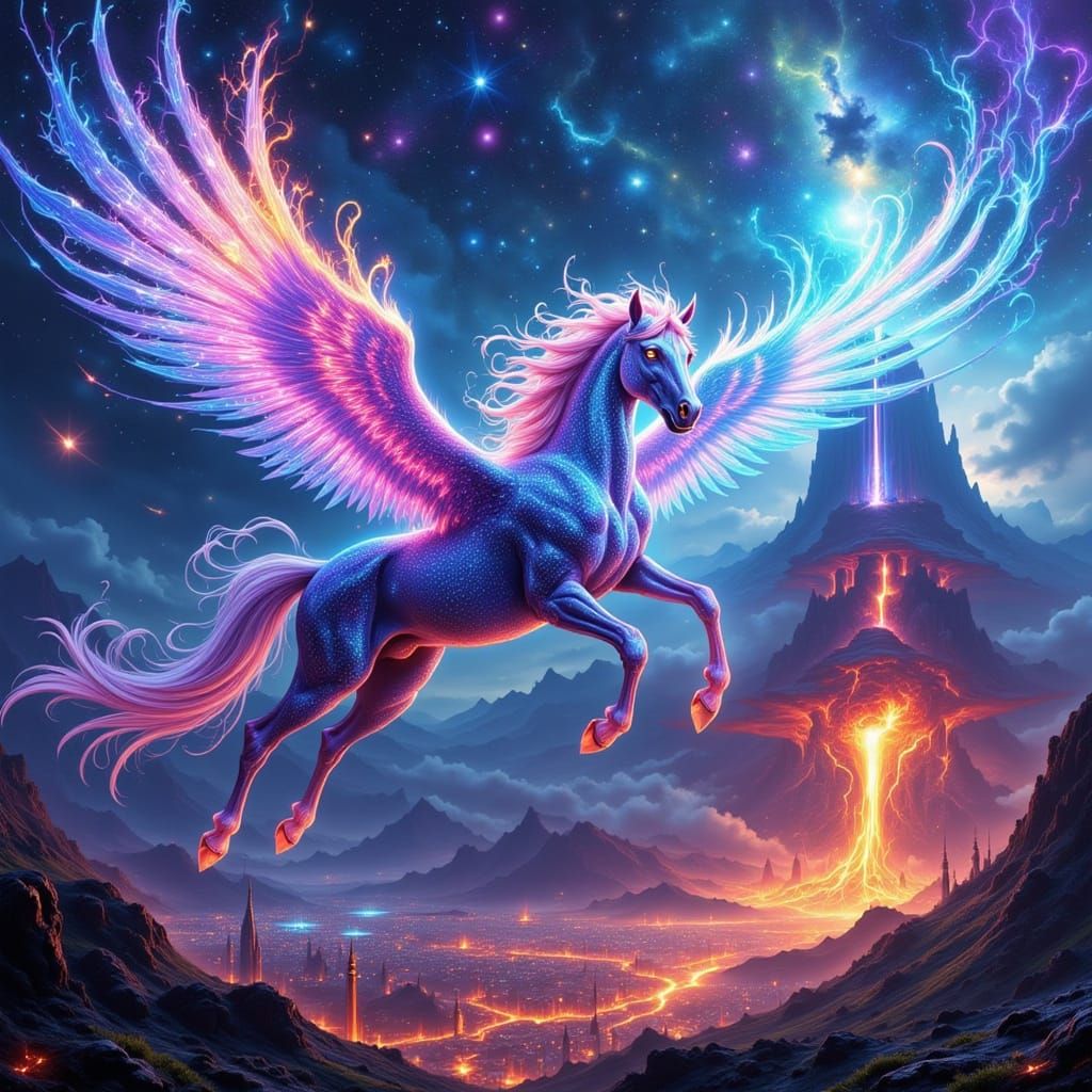 Pegasus Soaring Above Neon-Lit Futuristic City