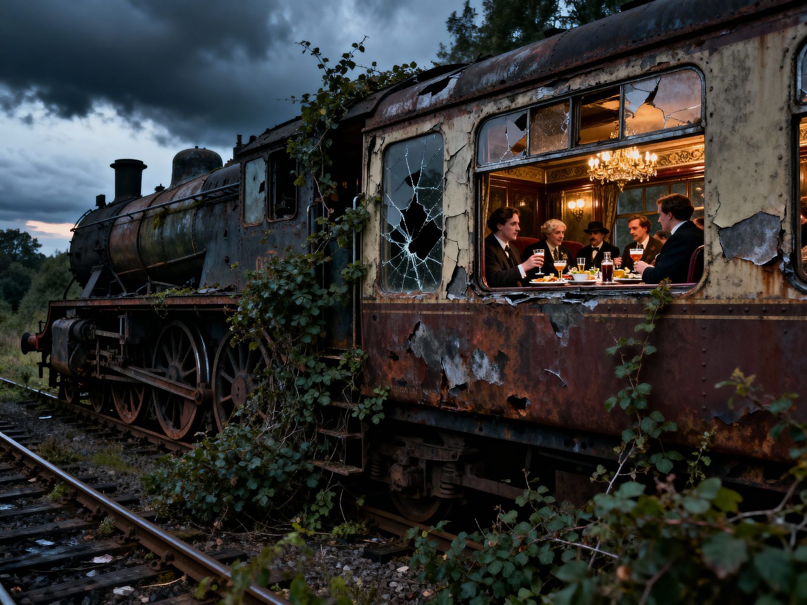 Abandoned Rusty Steam Train with Ghostly Passengers