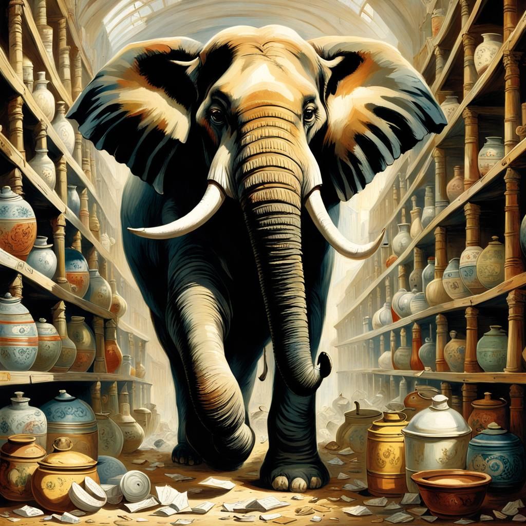 Elephant Walks Through Bazaar, Landseer Style