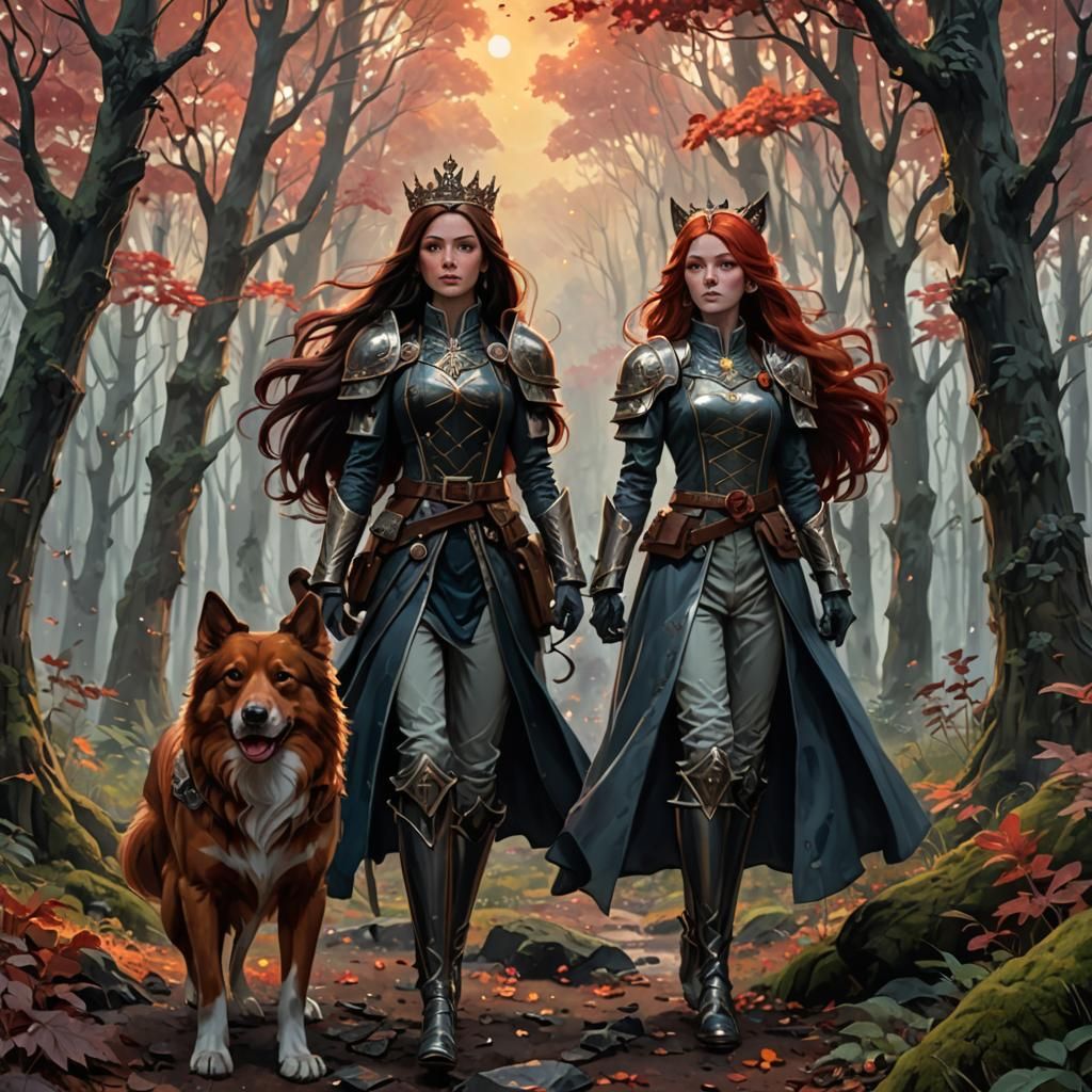 Princess Warrior and Two-Headed Dog in Anime Style