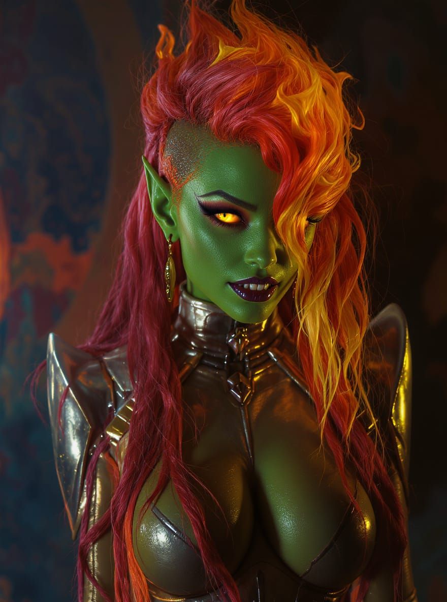Vibrant Alien Woman with Flame Hair, Hyperrealistic