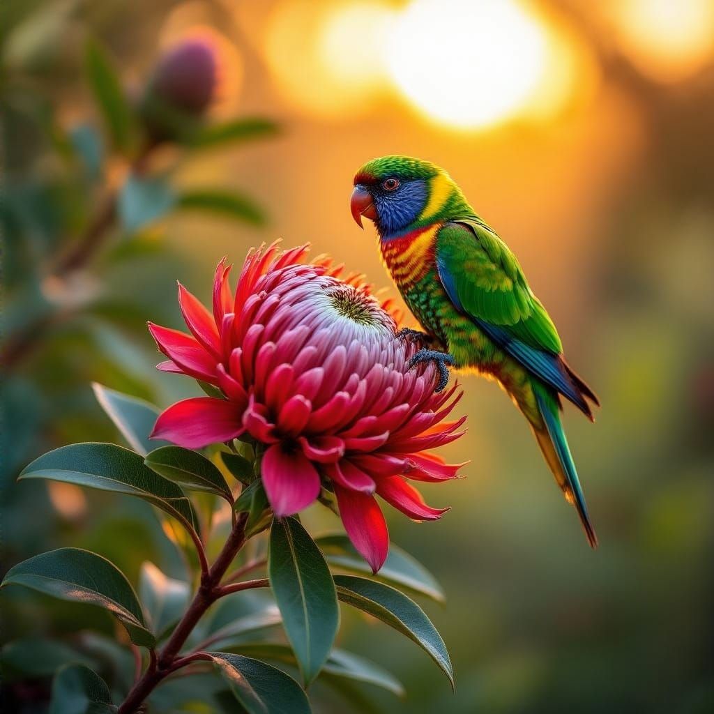 Red Waratah and Eastern Lorikeet
