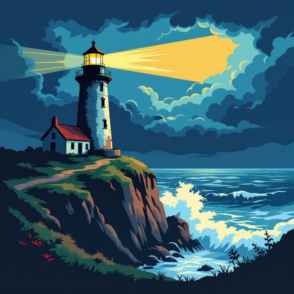 Overgrown Lighthouse on Stormy Sea Cliff