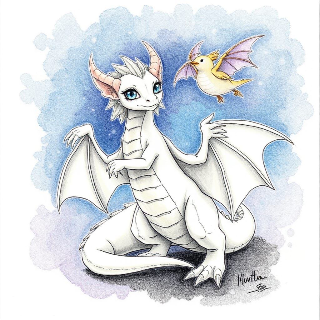 Cute Ermine Dragon in Pencil Drawing Style