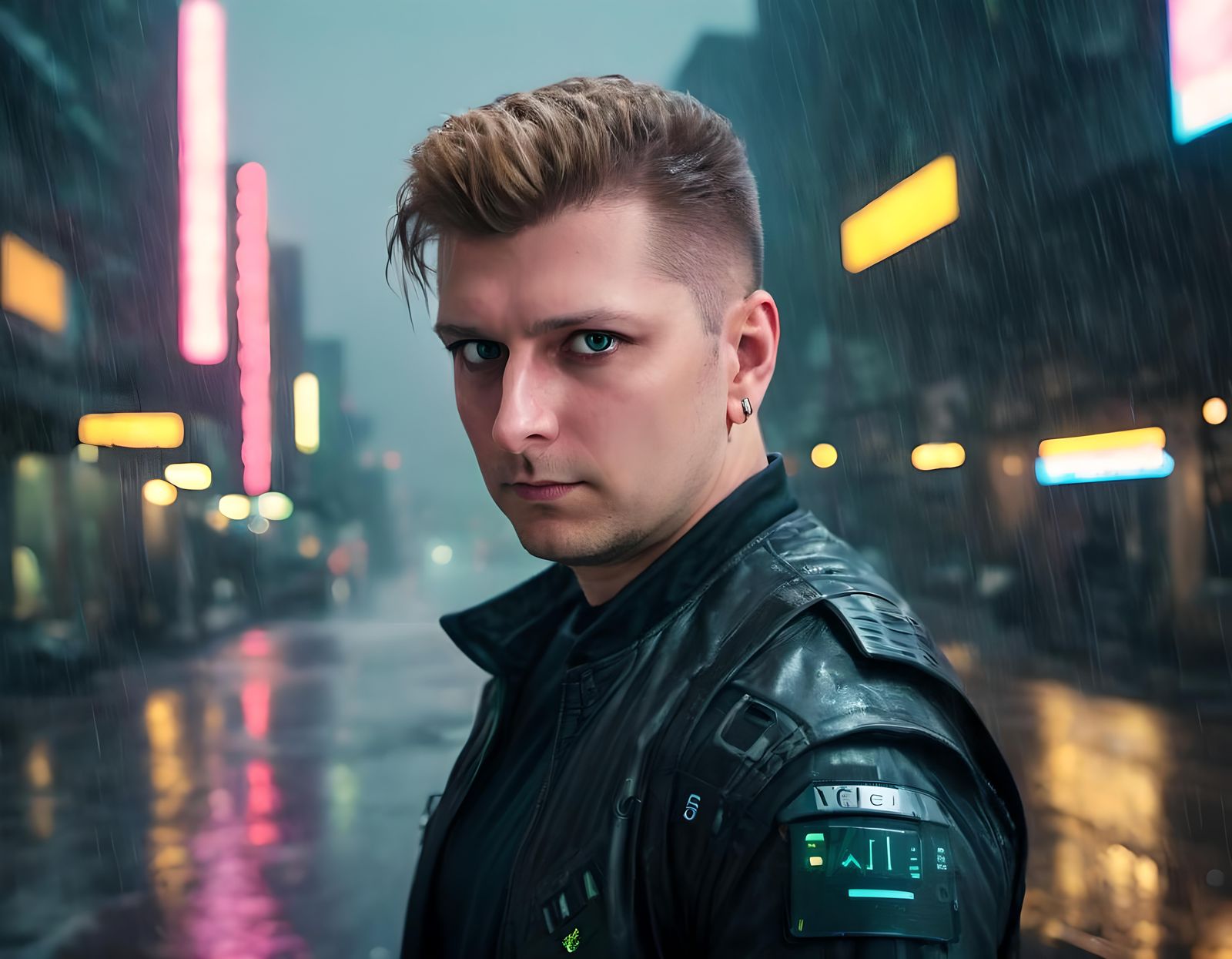 Cyberpunk Protagonist in Rainy Cityscape
