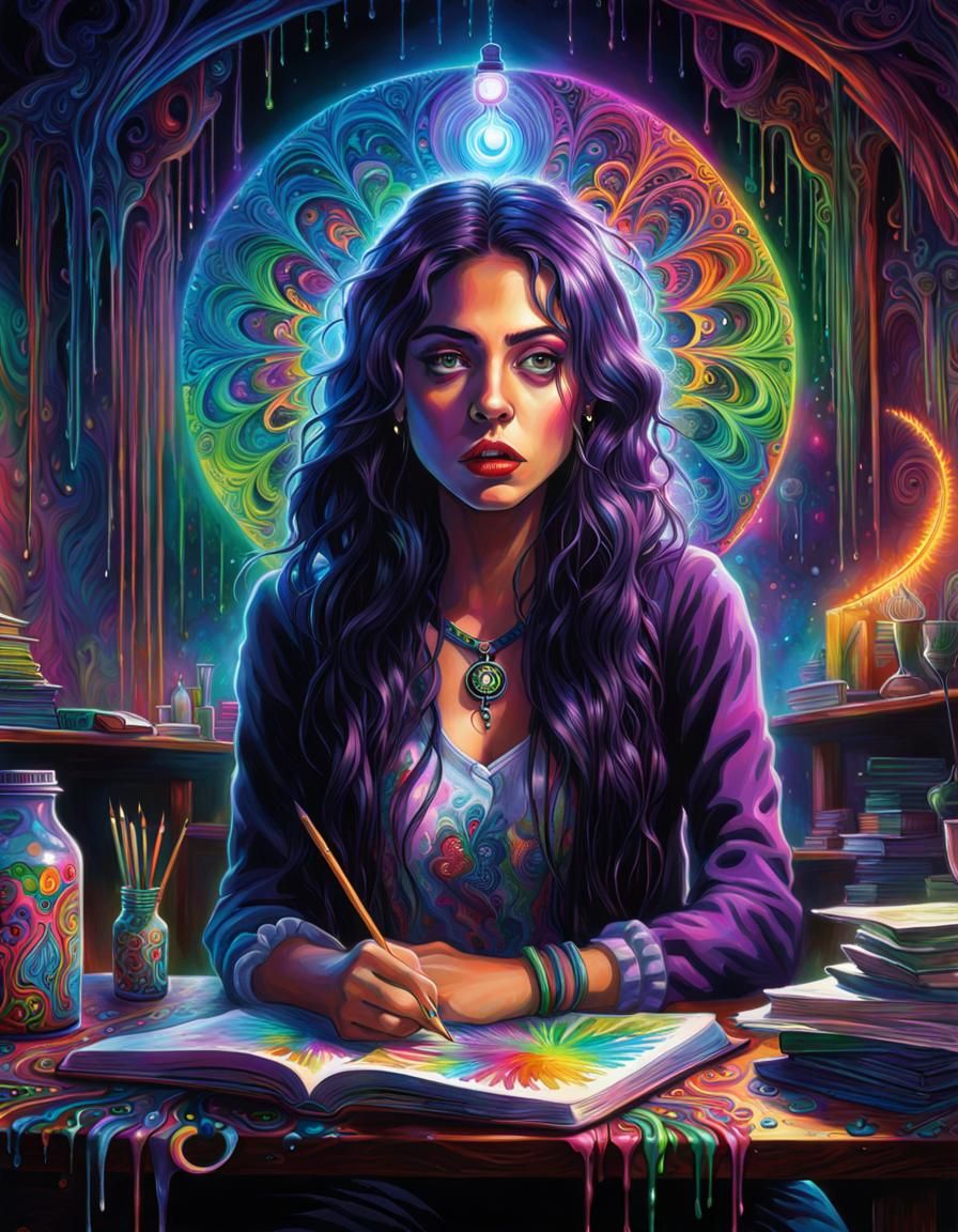 Worried Student in Classroom: Psychedelic Fantasy Art