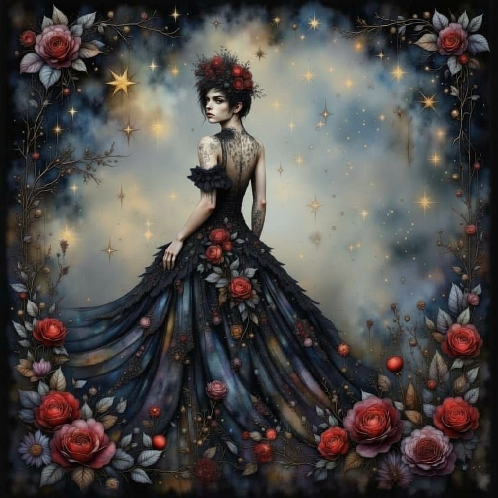 Goth Man in Rococo Gown Riding Mammoth