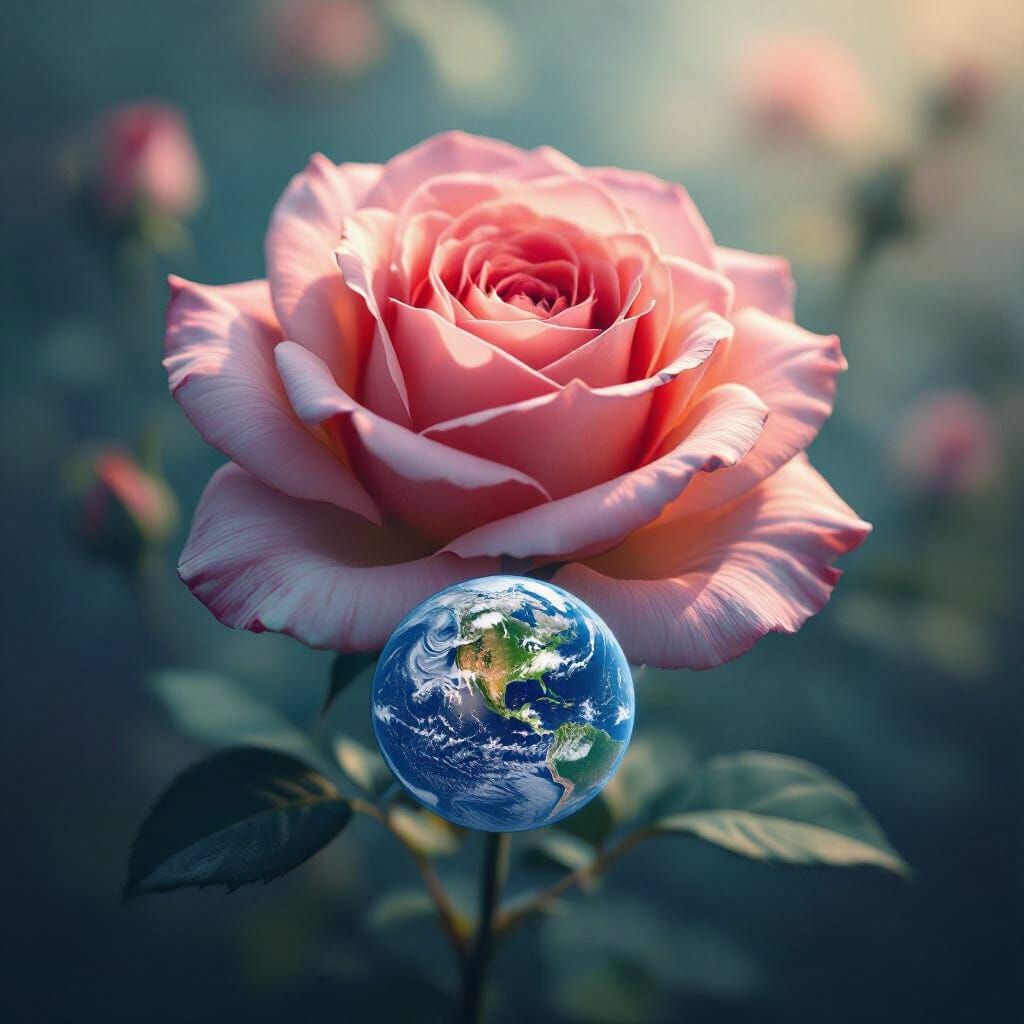 Double Exposure Rose and Earth in Dreamlike Light