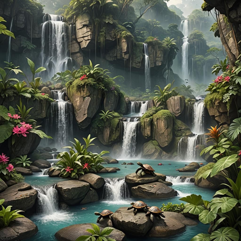 Tranquil Jungle Waterfalls with Turtles