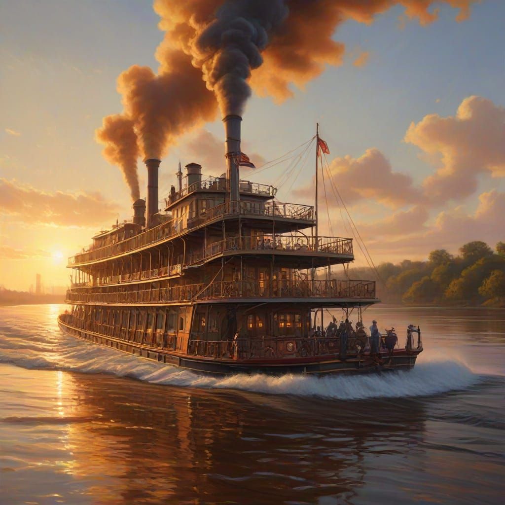 Steampunk a large paddle wheel boat cruising the Mississippi...
