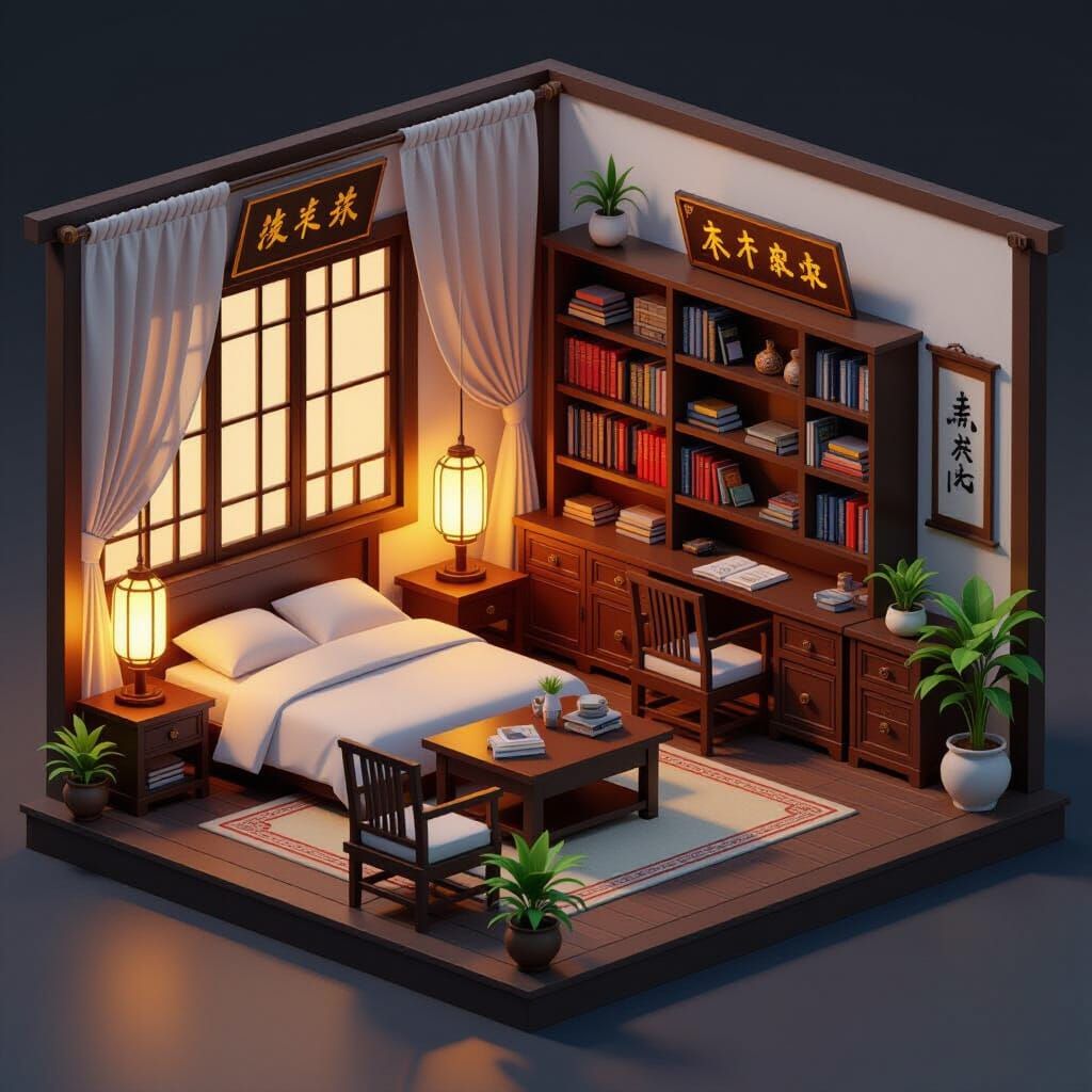 Peaceful Ancient Chinese Room in 3D Isometric Style