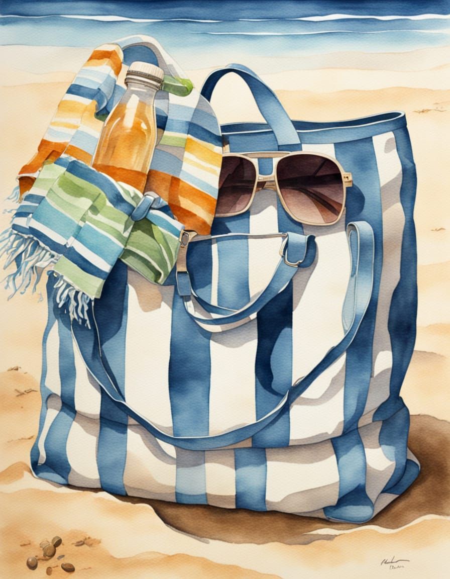 Watercolor Beach Bag with Accessories on Sand