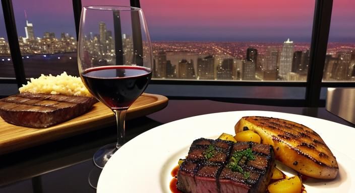 Chicago Steak Dinner with Skyline at Night