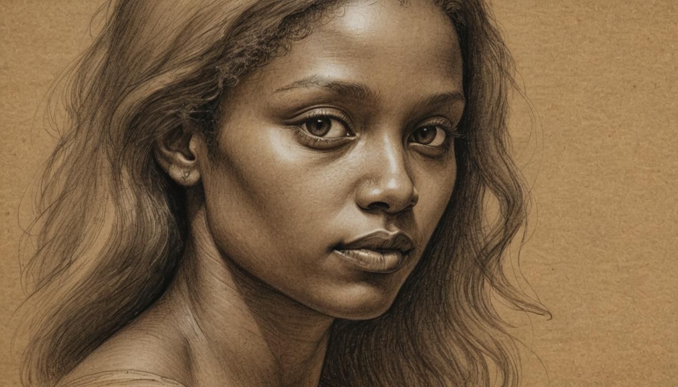 Contemplative Black Woman Portrait in Renaissance Sketch Sty...