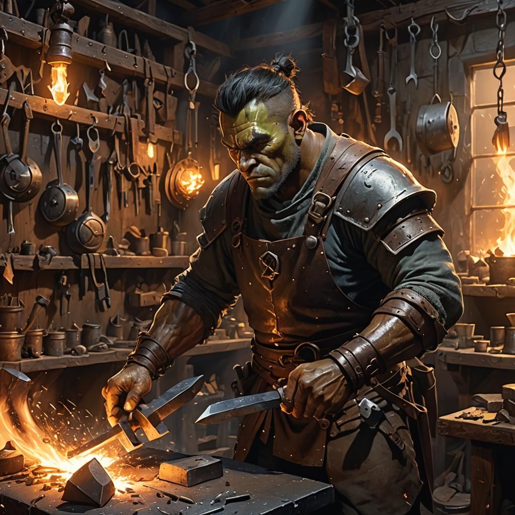 Half-Orc Blacksmith Forging Armor in Workshop