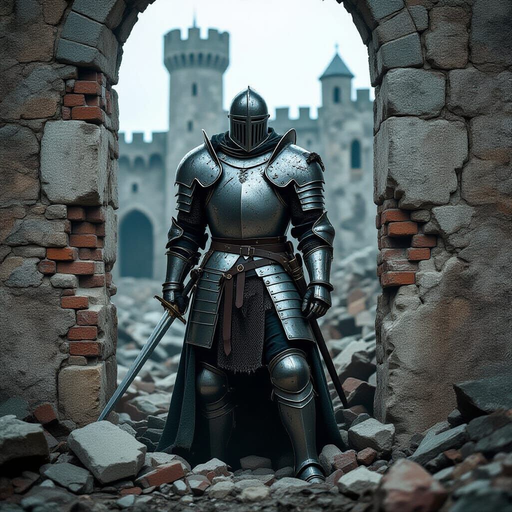 Medieval Knight Stands in Breached Castle Wall
