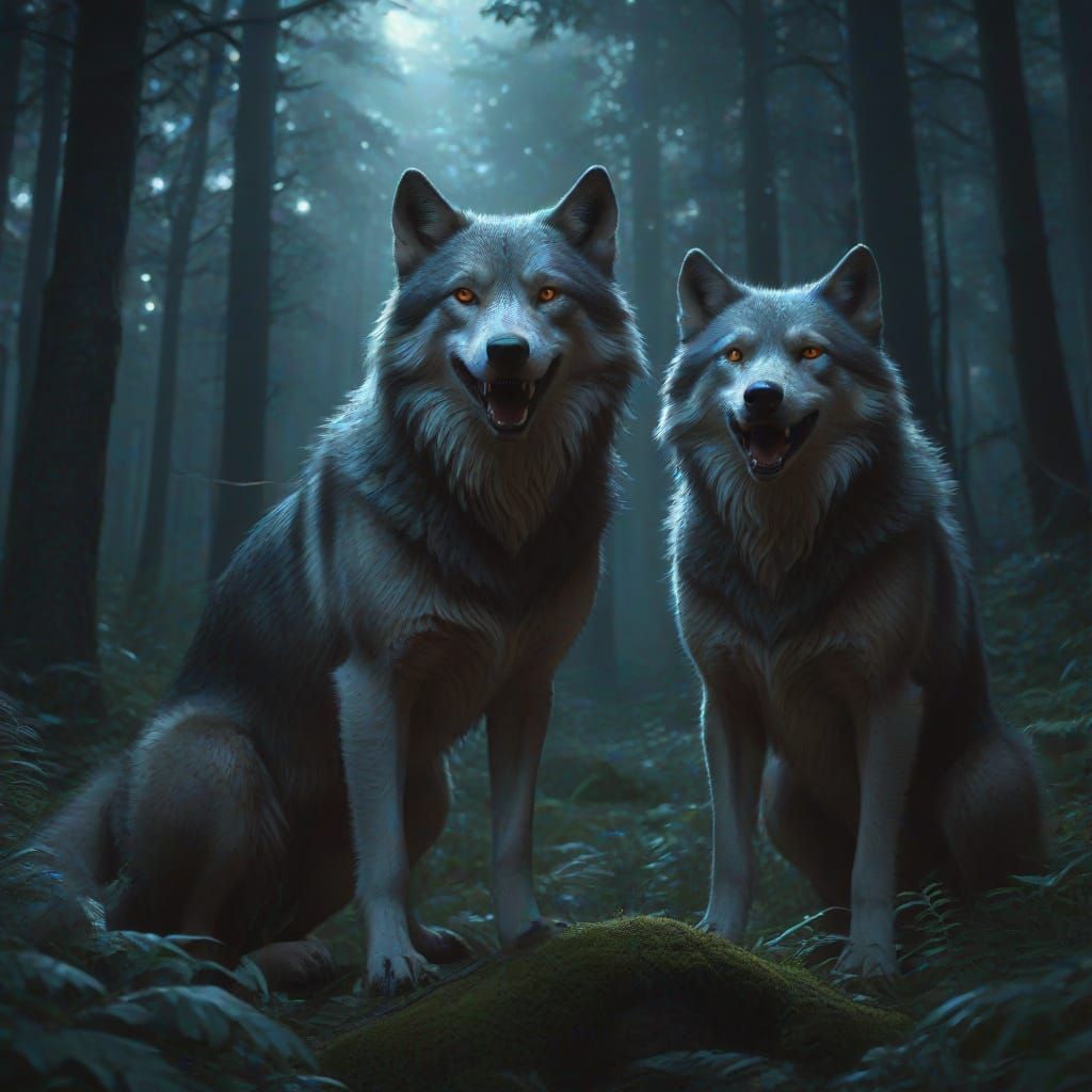 Wolf and Vampire in Mystical Forest: Fantasy Art