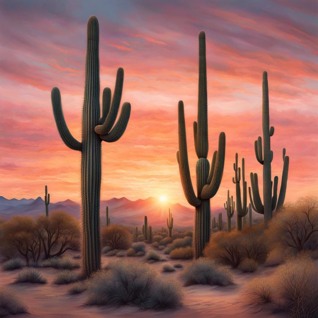 Pastel Desert Sunrise with Saguaro Cactus Sketch