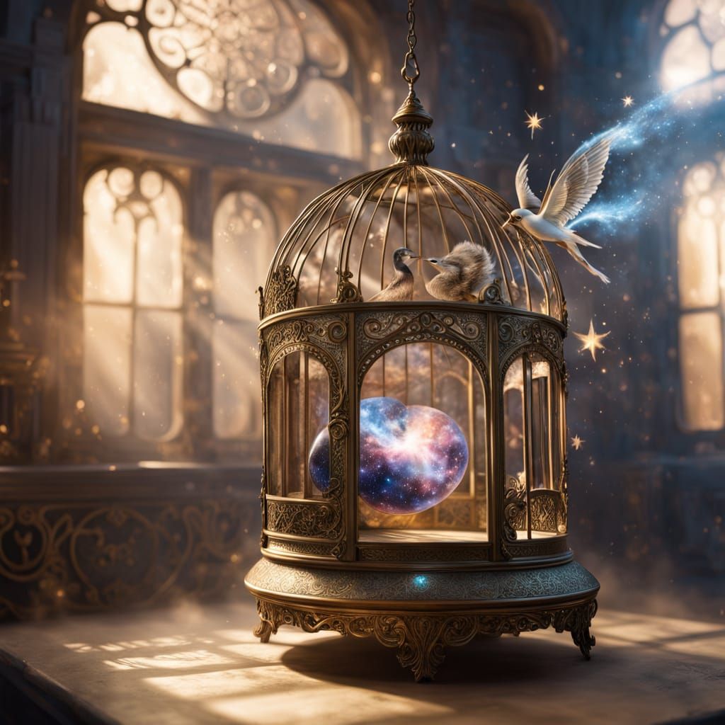 Magical Galaxy in Ornate Birdcage in Sunlit Attic