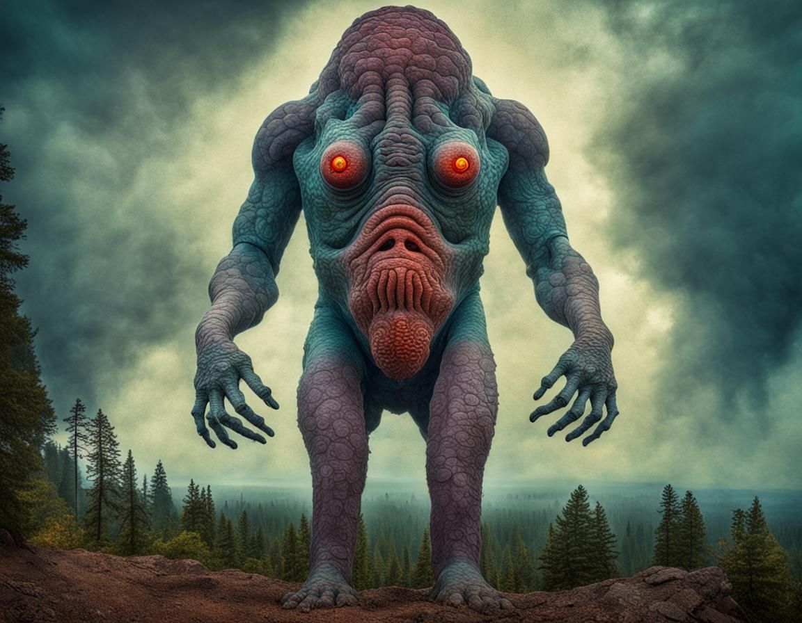 Anthropomorphic Fungus Colossus in Smoky Mist