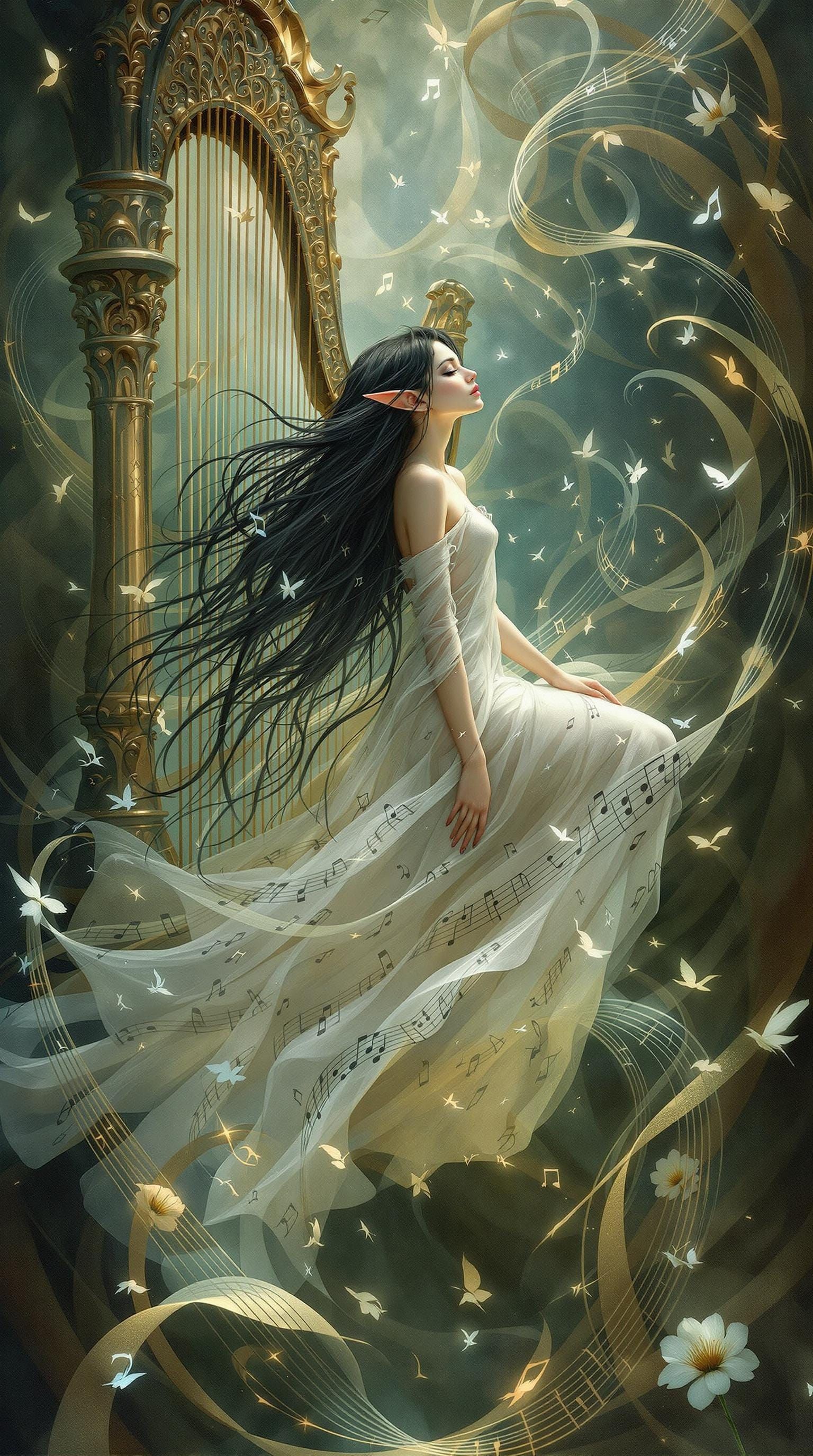 Suspended Elf Maiden in Whirling Music and Mystical Harp Str...