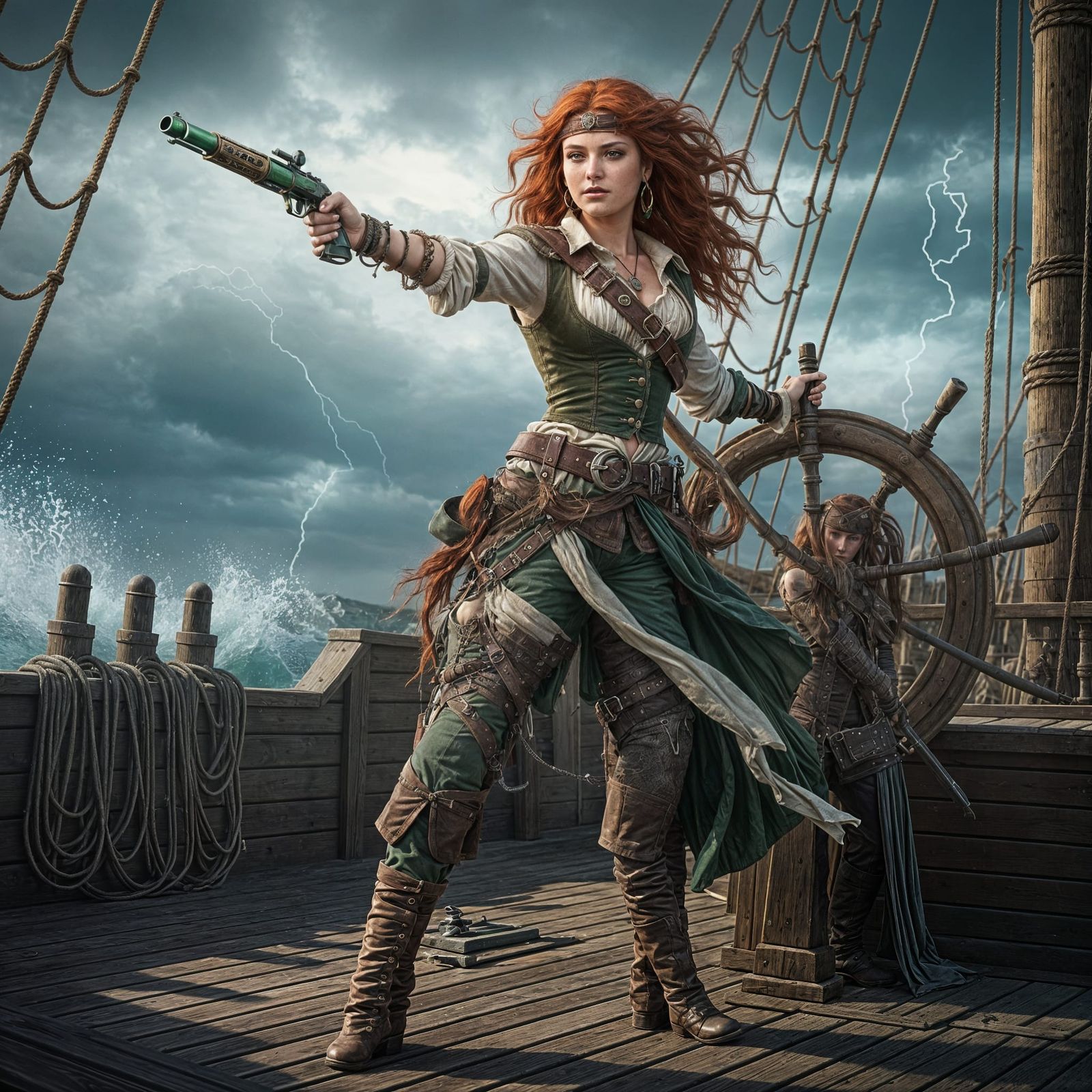 Fierce Pirate Queen at Helm with Pistol